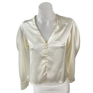 Kimberly Taylor Ivory Cream Silk Satin Long Puff Sleeve Button Down Blouse XS